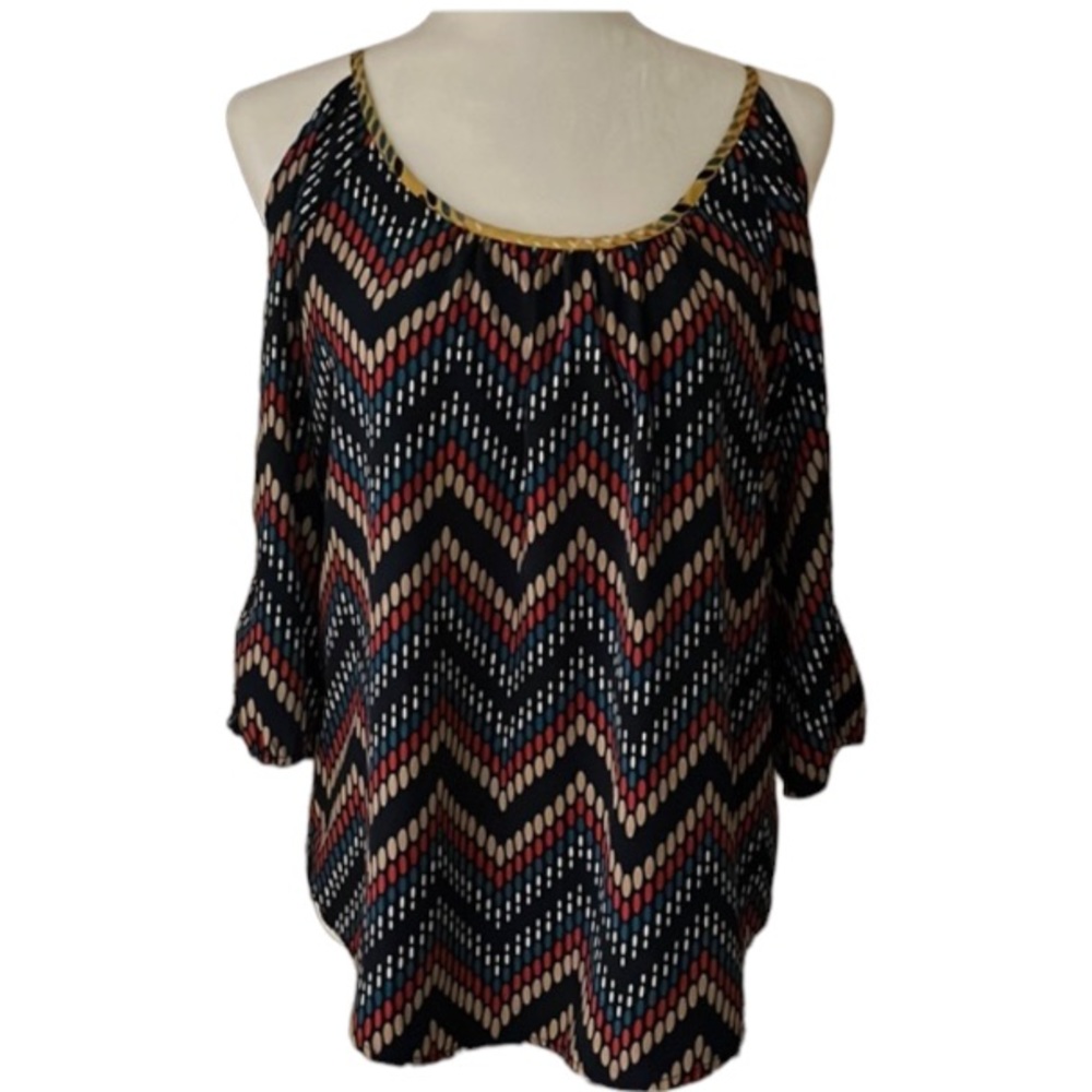 WOMENS COLD SHOULDER CHEVRON DESIGN BLOUSE TOP BOHEMIAN LIGHTWEIGHT SIZE MEDIUM